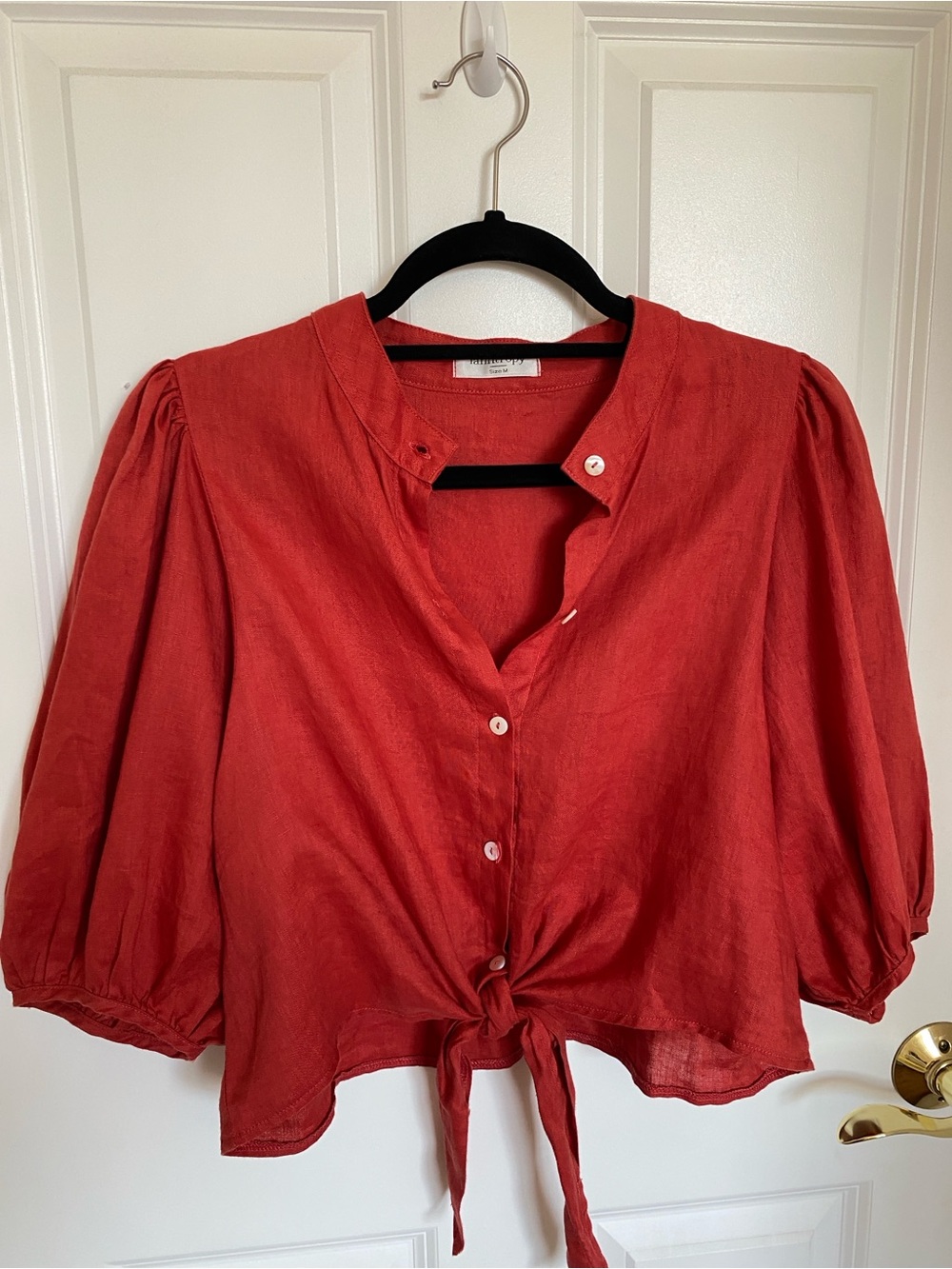 Lanhtropy Camille 100% Linen Bubble Tie-Waist Button Shirt in Brick EUC Size M